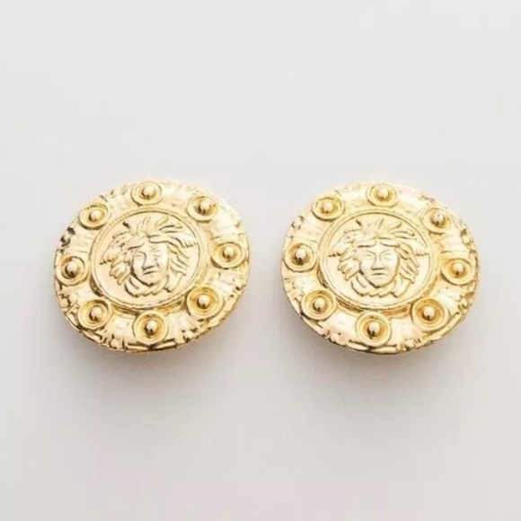 Vintage Jewelry - Large Round Chunky Earrings Gold Tone Medusa Face Design Bold Statement